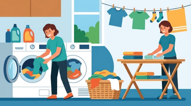 People doing laundry in a room.