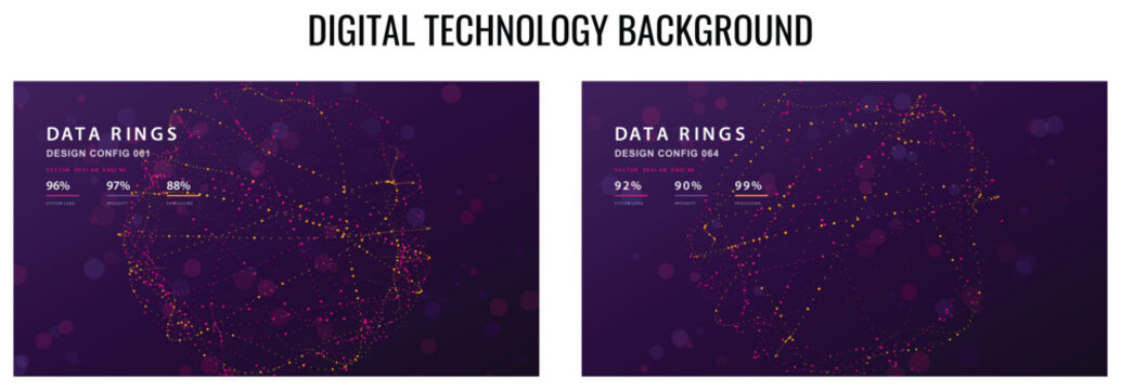 Purple tech background featuring abstract data circles and particle patterns with digital information display elements design