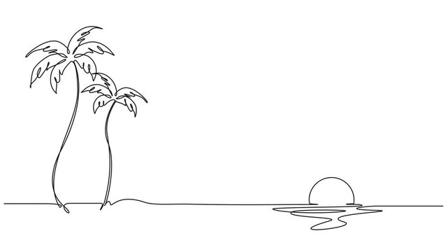 animated minimalist continuous line drawing of palm trees on a beach at sunset. Simple tropical landscape and summer travel concept line art animation