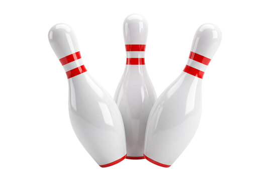 Three bowling pins with red stripes isolated on transparent background