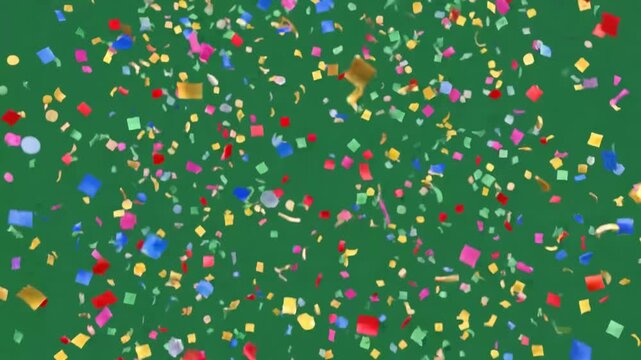Bright confetti bursts against a solid green backdrop