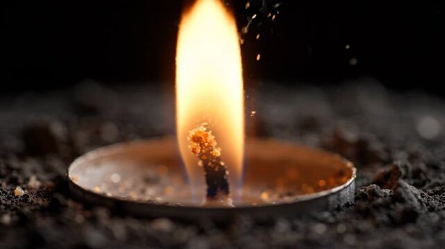 Close-up of a burning candle wick with flickering flame, surrounded by dark soil and glowing particles, showcasing the dynamic movement of fire and light in a natural setting