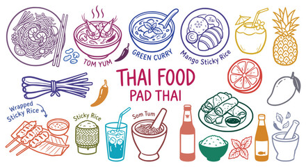 Thai food pad thai sketch doodles. green curry, tom yum soup, mango sticky rice, papaya salad, coconut. for asian restaurant menus, exotic travel food brochures. colorful line vector art. © ARTIST LAB