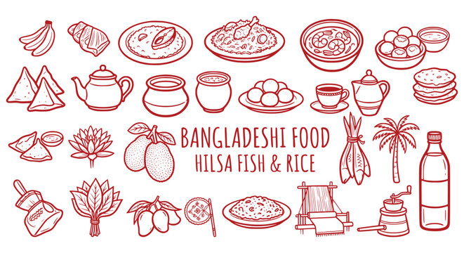 Bangladeshi food hilsa fish sketch doodles. rice, curry, samosa, tea pot, mango, lotus flower, palm tree. for south asian restaurant menus, cultural travel brochures. red line vector art.