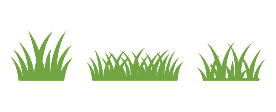 Grass tuft icons illustrating green lawn shrubs and flat botanical landscape elements with clean minimalist vector graphics for game environment props, nature backgrounds, pasture scenes, and outdoor 