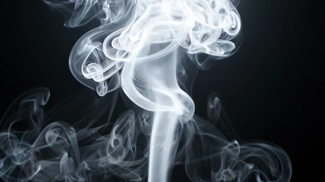 White smoke swirls and forms intricate shapes against a dark background, showcasing a continuous flow of movement and transformation in three sequential frames