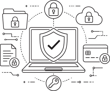 Laptop computer with cyber security protection icons and digital shield Vector