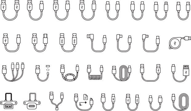 Set of various USB cable icons and electronic connection wires Vector