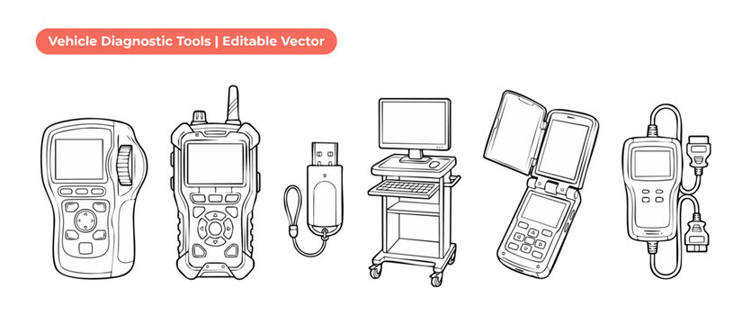 Car diagnostic scanner vector set showing automotive electronic testing equipment, OBD2 code reader devices, and garage workshop maintenance tools outline illustrations on a white background.