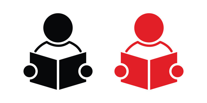Minimalist reading person icon set, black and red student avatar with book, educational vector symbols for literacy and learning apps