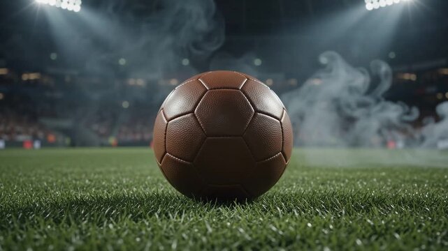 Brown soccer ball rests on green grass