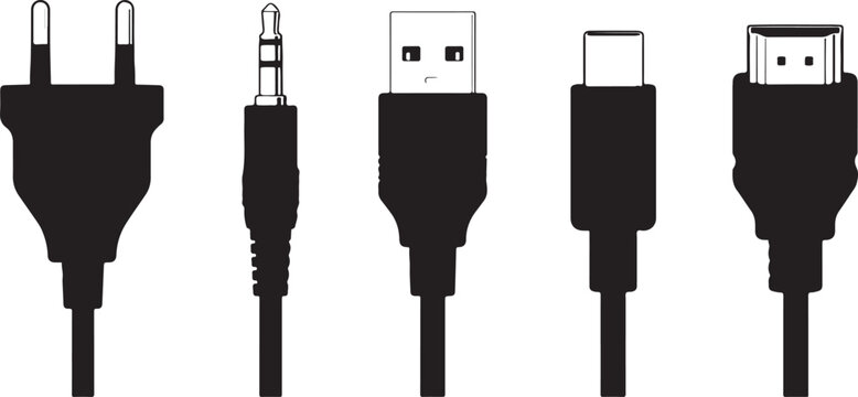 Set of computer and electronic cable connector icons in black Vector