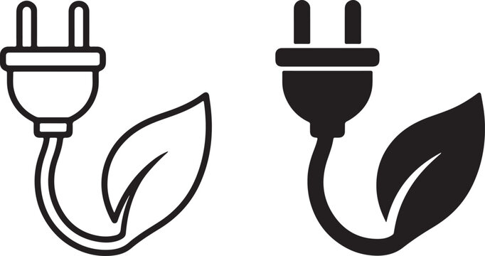 Black and white electric plug icons with green energy leaf symbols Vector