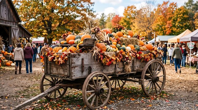 Autumn harvest festival with pumpkins and gourds on a wooden wagon