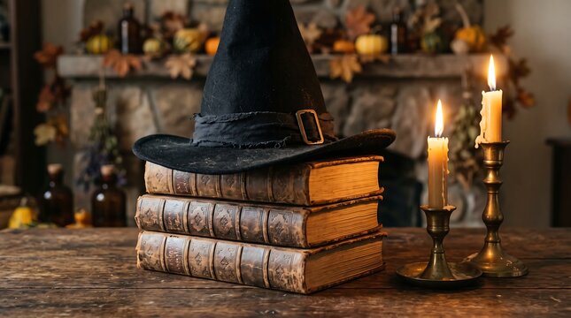 Halloween Witch Hat Stacked On Old Books With Candles Burning