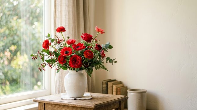 Red roses in a white vase.