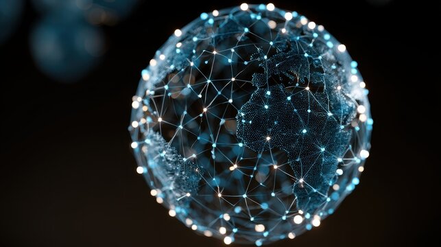 Futuristic digital globe with interconnected glowing nodes and lines forming network structure representing global communication and data exchange in modern technology