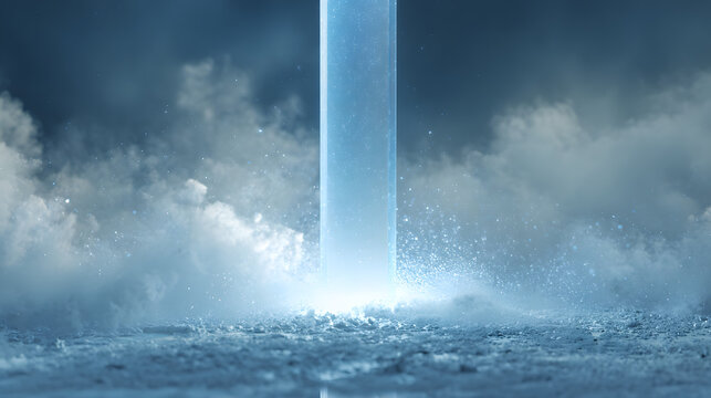 Glowing vertical beam of blue light pierces through dark swirling clouds creating a powerful impact on the solid ground surface