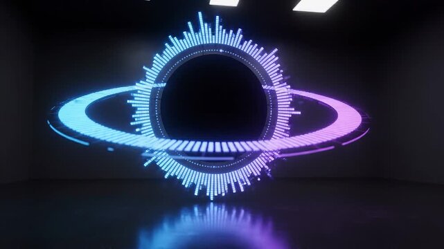 Colorful audio visualizer with circular waveform and glowing bars transitions through three frames in a modern, dark studio environment showcasing vibrant light patterns
