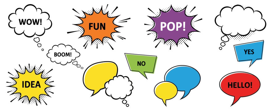 Colorful comic book speech bubbles and action words collection