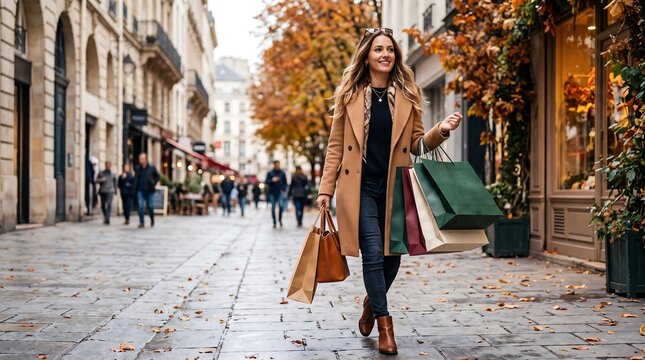 Woman shopping in Paris during autumn with shopping bags