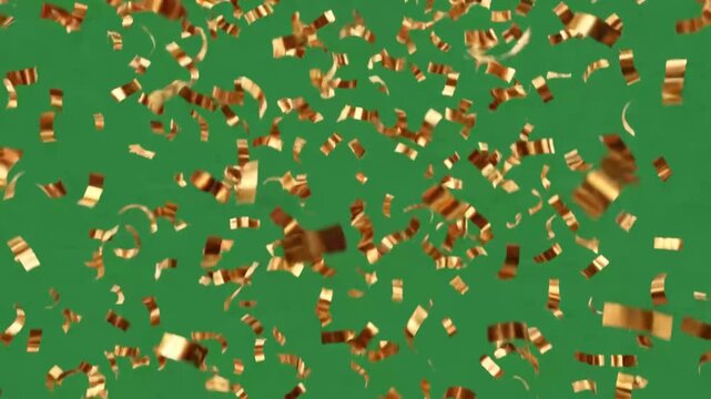 Golden confetti swirls against a solid green background
