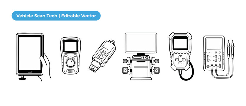 Vehicle diagnostic scanner tool vector set for car maintenance service featuring OBD2 reader, digital multimeter, tablet screen, wheel alignment machine, and automotive diagnostic equipment.