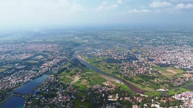 4K Aerial Top down Buildings and Apartment with Multiple Building aerial. Urban Buildings and Apartment at bridge road at Delhi. Cinematic cityscape drone shot. Noida Buildings.