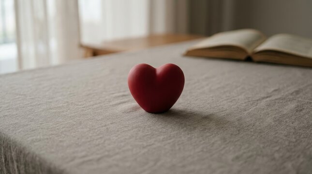 Red heart on a bed with book.