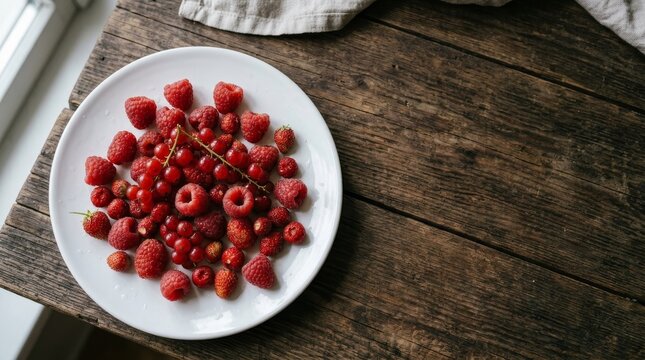 Fresh Raspberries on White Plate.