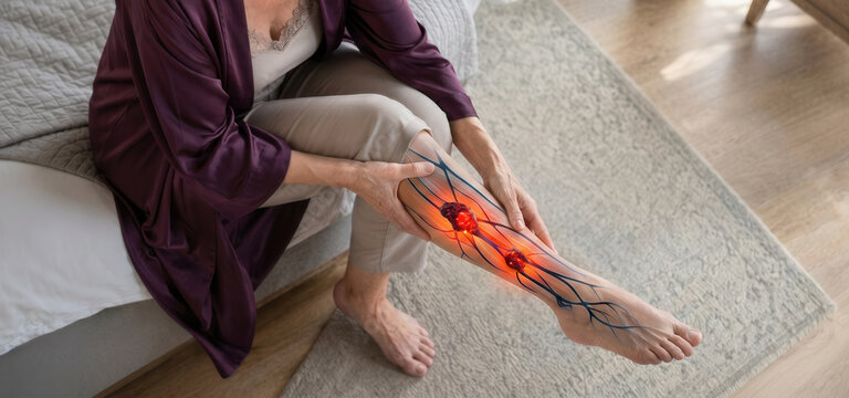 Woman suffering from varicose veins on sofa indoors, closeup.