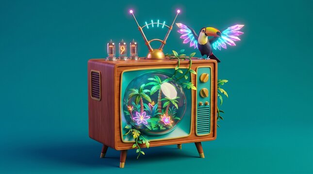 3D Render of a Retro Wooden TV with Tropical Terrarium Screen and Crystal-Winged Toucan