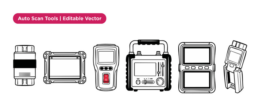 Car diagnostic scanner vector icon set featuring OBD2 auto scan tools, handheld automotive code reader devices, electronic engine analyzer equipment, and garage workshop testing tool graphics packs.