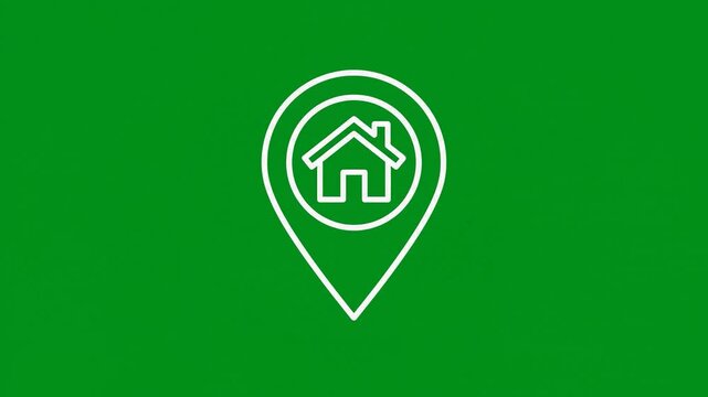 White map pin with house icon on green background