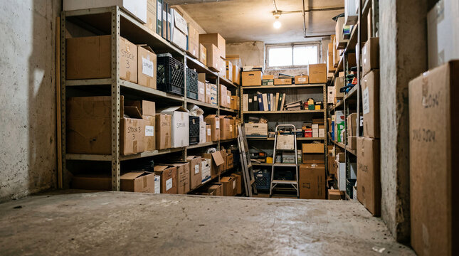 Cluttered basement storage room with metal shelves full of cardboard boxes and old electronic equipment.