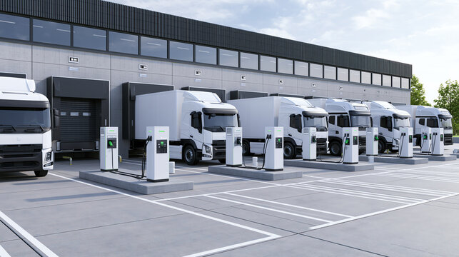 Electric trucks charging at a warehouse