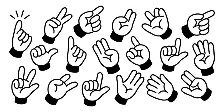 Set of pixel art hand icons gestures and fingers signs in black and white