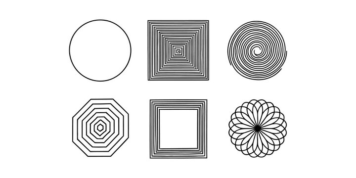 Set of six black and white geometric shapes and abstract patterns icons