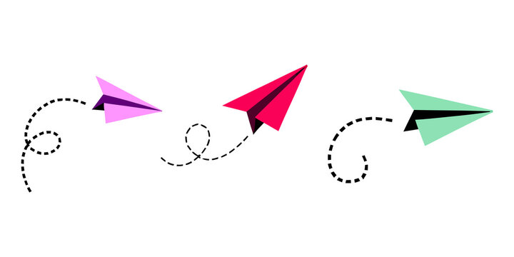 Three colorful paper planes flying with dotted trail lines