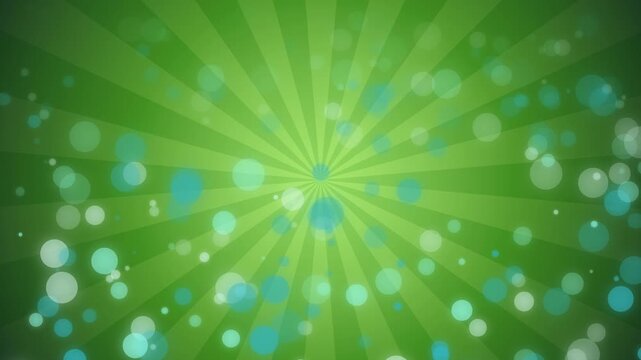 Green Sunburst Motion Background. An vibrant animated background featuring bright green rays and floating bokeh particles. Ideal for festive events, presentations, or creative video projects.