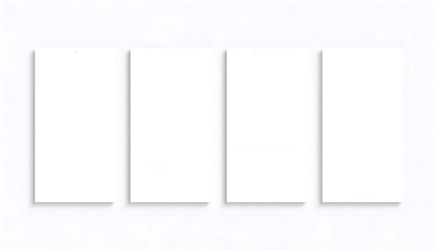 Four blank white rectangles casting subtle shadows on a textured white surface, mockup templates