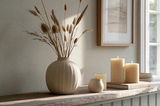 Soft light glows through the window. Earthy tones calm the room's ambiance. Textured vase holds dried wheat stalks. Candles sit beside a small ceramic pot. Frame hangs above, echoing the tranquil vibe