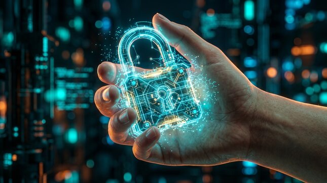 Biometric fingerprint cyber padlock mockup with complex circuit board grid and glowing network connection for digital identity verification website hero banner