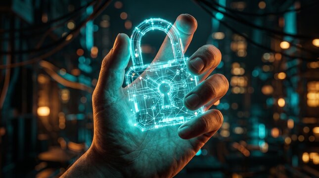 Industrial cyber padlock mockup with biometric fingerprint scanner and intricate circuit board grid for data center website hero banner