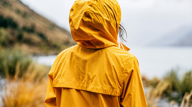 Back view of a woman in a wet yellow raincoat with water droplets standing near a lake on a rainy day.