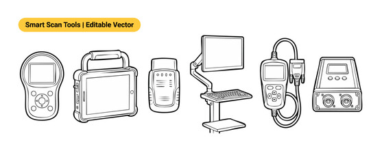Car Diagnostic Scanner Vector Set of smart scan tools, rugged tablet, computer workstation, and handheld automotive OBD2 readers isolated on white background for vehicle maintenance and repair. © Dinali