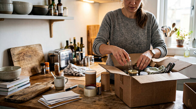 A woman carefully packing various kitchen items into a cardboard box on a wooden countertop in a well-lit home kitchen.