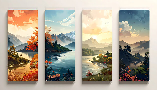 Four pixel art landscape banners showing serene lakes, mountains, and autumn foliage at sunrise and sunset, serene nature