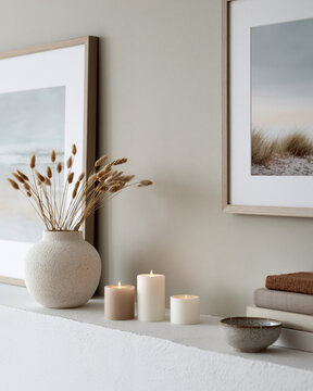 Minimalist shelf holds rustic vase with dried grasses. Three candles glow softly beside textured ceramic bowl. Framed beachscapes hang on neutral-toned wall behind