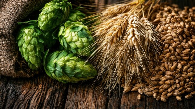 Fresh green hop cones spilling out of burlap sack alongside golden wheat stalk and scattered barley grain on dark rustic wooden surface background